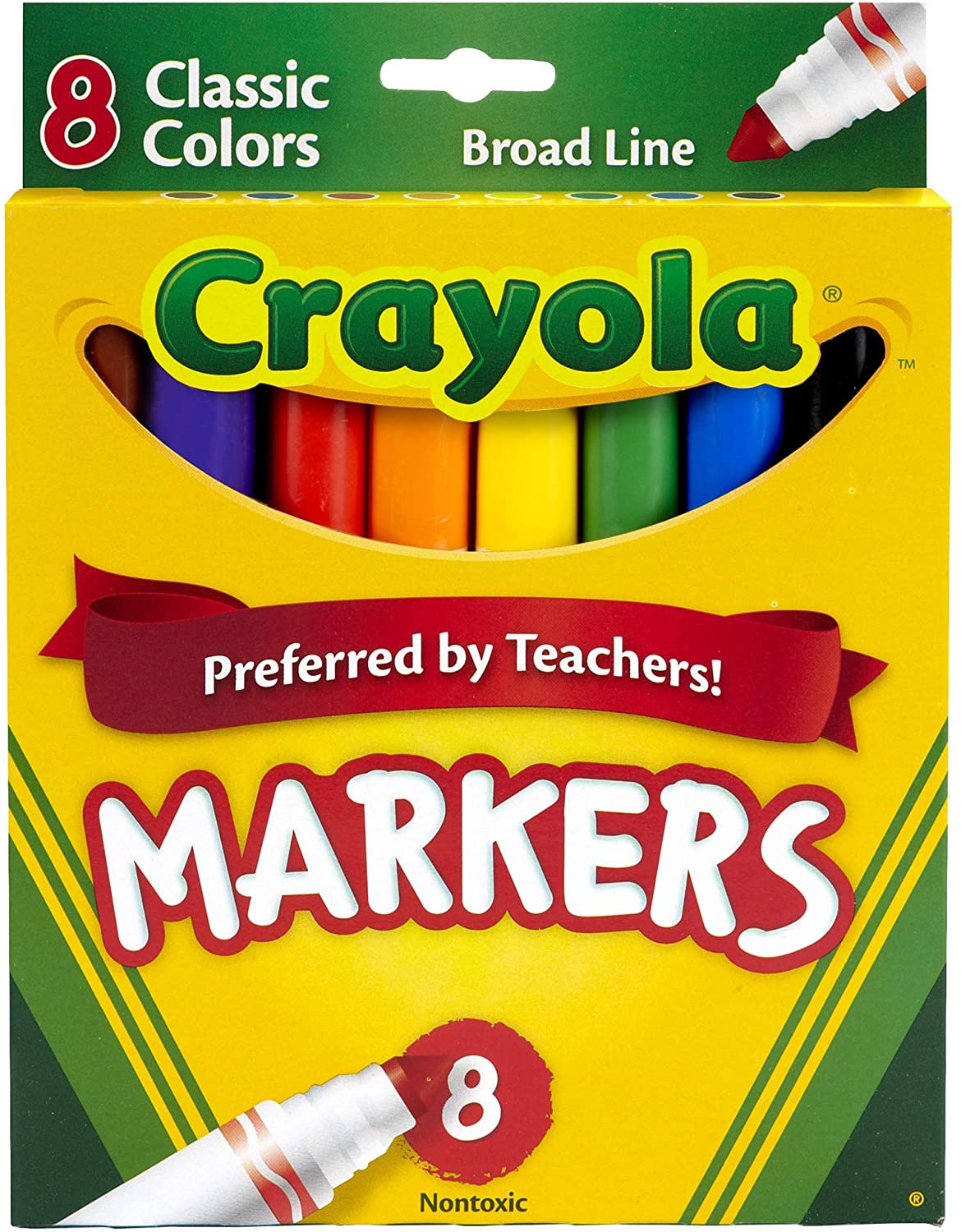 A pack of 8 Crayola broad lined markers with a variety of colors.