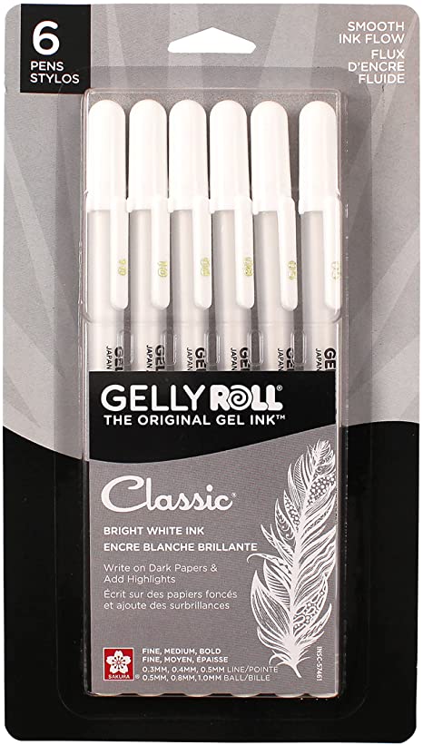 A pack of white Gellyroll gel pens. Ideal for writing on non-white surfaces in your journals
