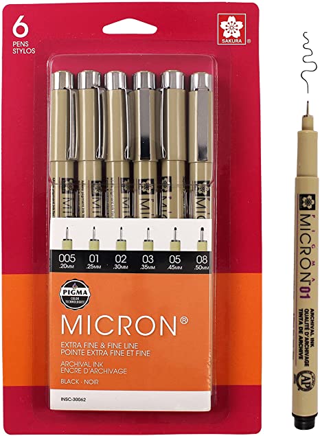 A pack of Micron Pigma fine liner pens with a varying size of pen tips.
