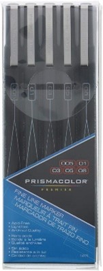 A pack of 6 Prismacolor Fine Liner pens with a variety of pen tip sizes.