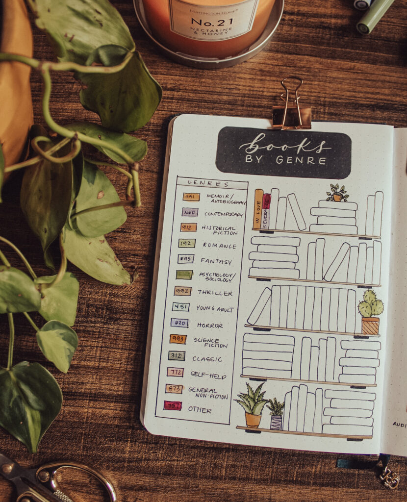 Dot grid notebook is open to a reading journal bookshelf spread with a color-coded key for tracking genre. Notebook is lying on a dark surface surrounded by plants and journaling supplies.
