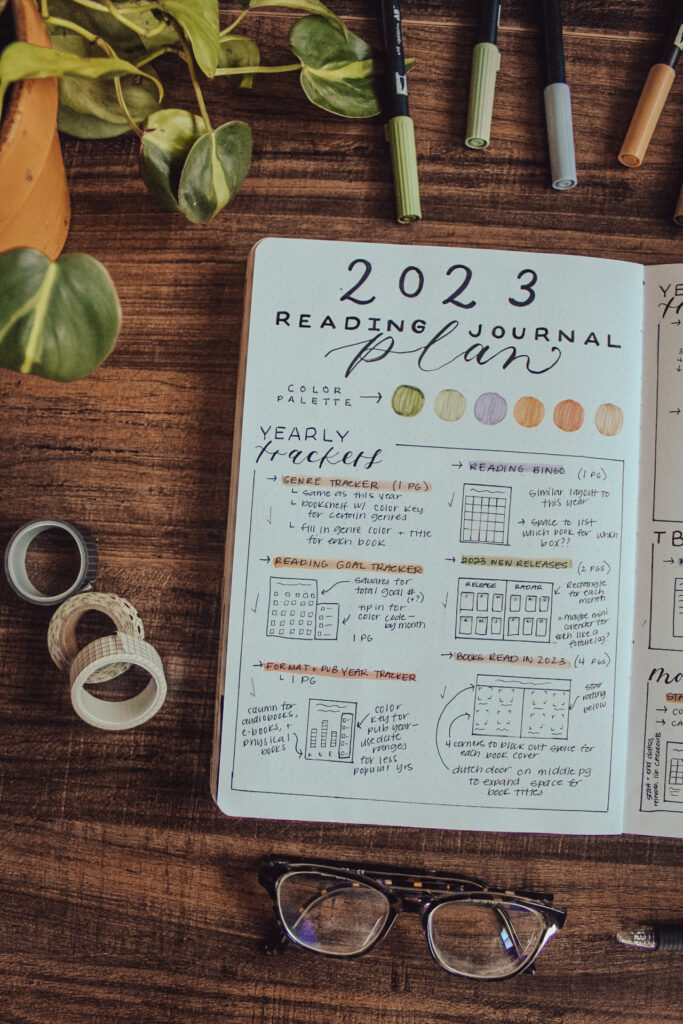 A dot grid journal lies open on a dark surface surrounded by a plant and stationery supplies. The notebook is open to a bullet journal spread of a plan for a reading journal.
