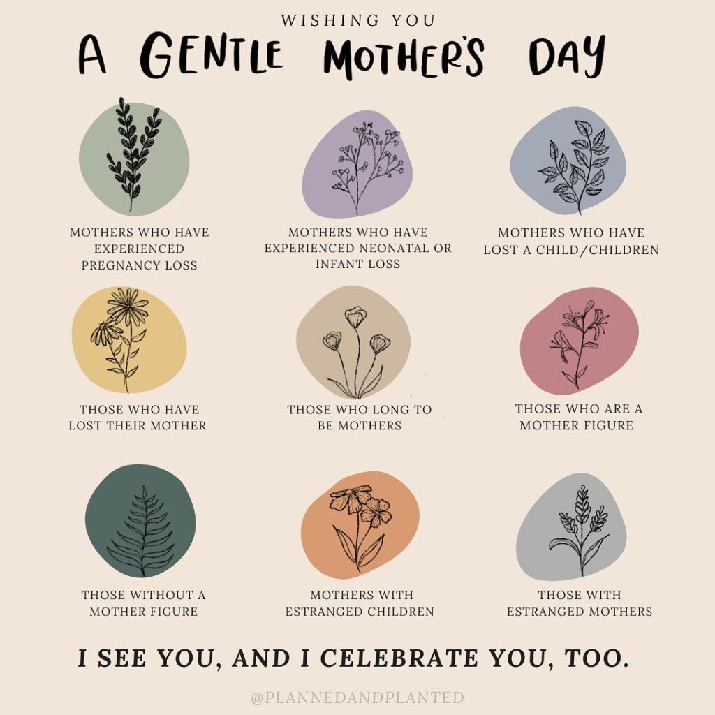 Wishing you a gentle mother's day for bereaved, grieving, or infertile mothers graphic.