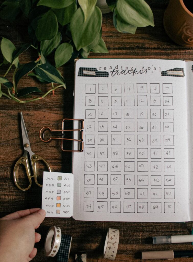 A reading journal spread to track your reading goal for the year, with a color-coded key for each month.